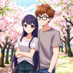 A beautiful anime couple standing together in a vibrant, colorful park
