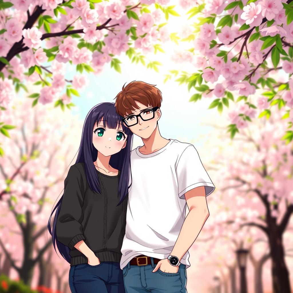 A beautiful anime couple standing together in a vibrant, colorful park