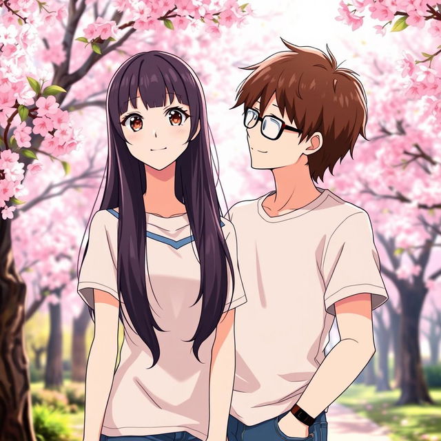 A beautiful anime couple standing together in a vibrant, colorful park