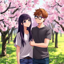 A beautiful anime couple standing together in a vibrant, colorful park