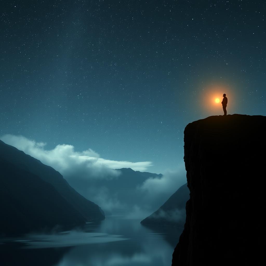 a lonely and serene landscape representing a search for divine presence, depicting an ethereal glowing light in a vast, starry night sky, a silhouette of a person standing at a cliff's edge, surrounded by majestic mountains and a calm, reflective lake below, soft mist rising from the water, with gentle whispers of wind carrying a sense of longing and hope