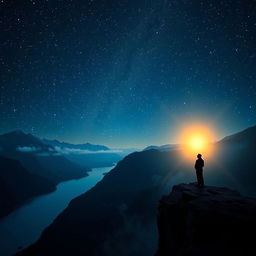 a lonely and serene landscape representing a search for divine presence, depicting an ethereal glowing light in a vast, starry night sky, a silhouette of a person standing at a cliff's edge, surrounded by majestic mountains and a calm, reflective lake below, soft mist rising from the water, with gentle whispers of wind carrying a sense of longing and hope