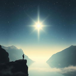 a lonely and serene landscape representing a search for divine presence, depicting an ethereal glowing light in a vast, starry night sky, a silhouette of a person standing at a cliff's edge, surrounded by majestic mountains and a calm, reflective lake below, soft mist rising from the water, with gentle whispers of wind carrying a sense of longing and hope