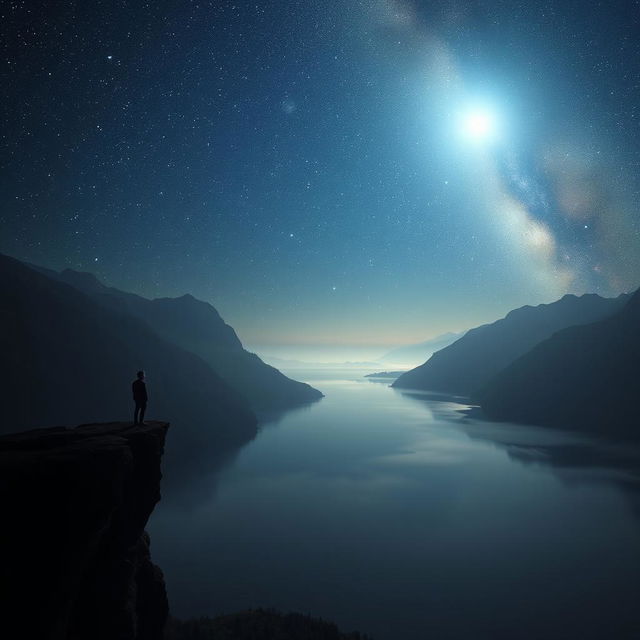 a lonely and serene landscape representing a search for divine presence, depicting an ethereal glowing light in a vast, starry night sky, a silhouette of a person standing at a cliff's edge, surrounded by majestic mountains and a calm, reflective lake below, soft mist rising from the water, with gentle whispers of wind carrying a sense of longing and hope