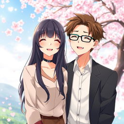 A beautiful anime couple standing together in a romantic setting