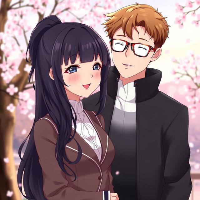 A beautiful anime couple standing together in a romantic setting