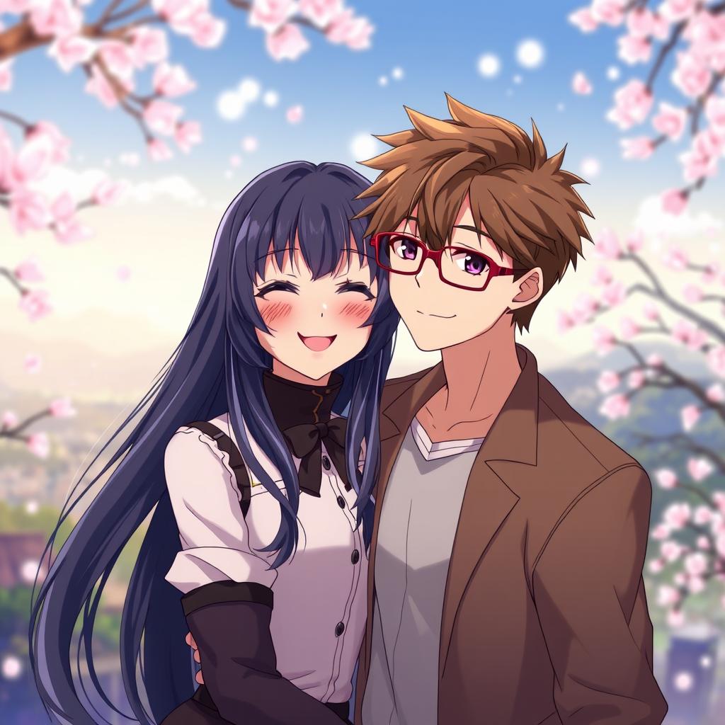 A beautiful anime couple standing together in a romantic setting