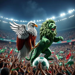 A dramatic scene capturing the Benfica eagle being stepped on by the green lion of Sporting, set in the lively atmosphere of Alvalade Stadium filled with passionate fans