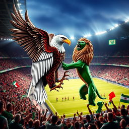 A dramatic scene capturing the Benfica eagle being stepped on by the green lion of Sporting, set in the lively atmosphere of Alvalade Stadium filled with passionate fans