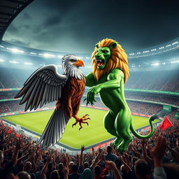 A dramatic scene capturing the Benfica eagle being stepped on by the green lion of Sporting, set in the lively atmosphere of Alvalade Stadium filled with passionate fans