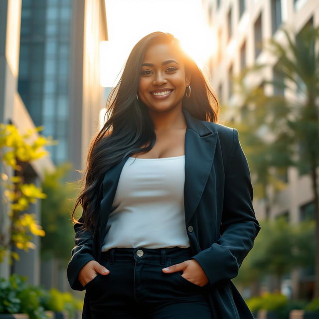 Portrait of a confident thick woman standing in a modern urban setting, wearing a stylish outfit that accentuates her curves