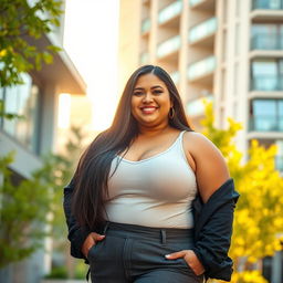 Portrait of a confident thick woman standing in a modern urban setting, wearing a stylish outfit that accentuates her curves