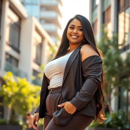 Portrait of a confident thick woman standing in a modern urban setting, wearing a stylish outfit that accentuates her curves