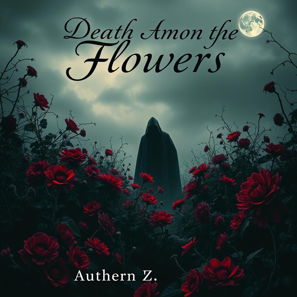 A captivating book cover for 'Death Among the Flowers'