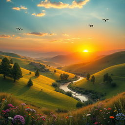 An enchanting Iranian landscape featuring lush rolling hills, a vibrant sunset casting a warm glow, traditional Persian architecture peeking through clusters of trees, and a serene river winding through it all