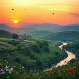An enchanting Iranian landscape featuring lush rolling hills, a vibrant sunset casting a warm glow, traditional Persian architecture peeking through clusters of trees, and a serene river winding through it all