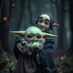 A whimsical scene featuring Baby Yoda gently hugging a character inspired by Hamlet, dressed in traditional Elizabethan attire, including a ruffled collar and a dark cloak