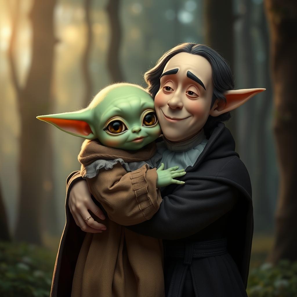 A whimsical scene featuring Baby Yoda gently hugging a character inspired by Hamlet, dressed in traditional Elizabethan attire, including a ruffled collar and a dark cloak