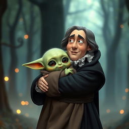 A whimsical scene featuring Baby Yoda gently hugging a character inspired by Hamlet, dressed in traditional Elizabethan attire, including a ruffled collar and a dark cloak