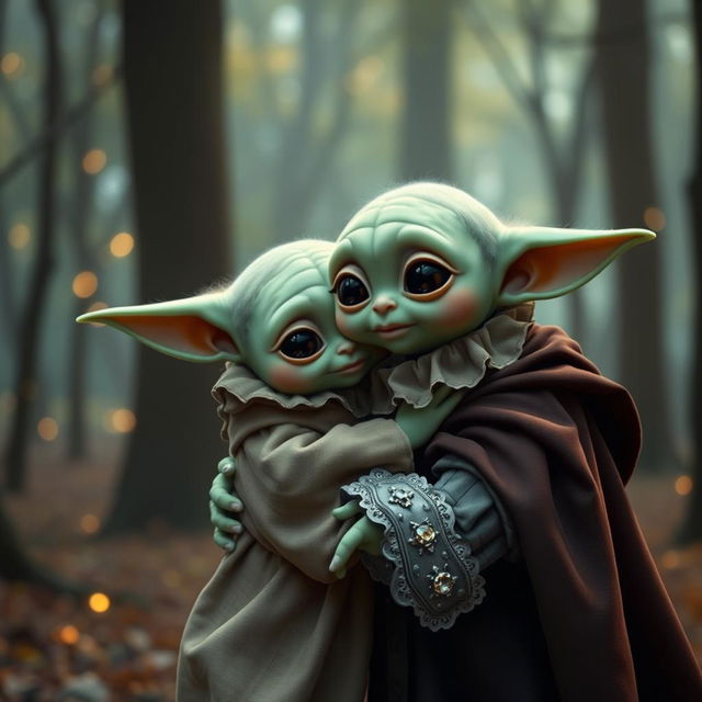 A whimsical scene featuring Baby Yoda gently hugging a character inspired by Hamlet, dressed in traditional Elizabethan attire, including a ruffled collar and a dark cloak