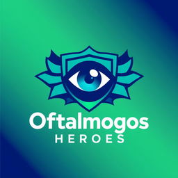 A logo design for 'Oftalmogos Heroes', featuring a stylized eye symbol at the center, surrounded by heroic elements such as a cape or shield
