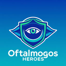 A logo design for 'Oftalmogos Heroes', featuring a stylized eye symbol at the center, surrounded by heroic elements such as a cape or shield