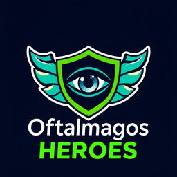 A logo design for 'Oftalmogos Heroes', featuring a stylized eye symbol at the center, surrounded by heroic elements such as a cape or shield