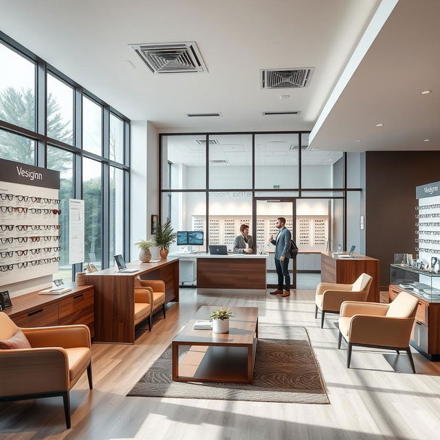 A modern vision center reception area, showcasing sleek and contemporary design with large glass windows allowing natural light to flood in