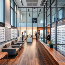 A modern vision center reception area, showcasing sleek and contemporary design with large glass windows allowing natural light to flood in
