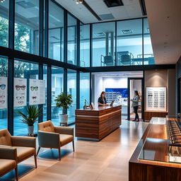 A modern vision center reception area, showcasing sleek and contemporary design with large glass windows allowing natural light to flood in