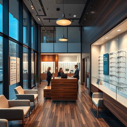 A modern vision center reception area, showcasing sleek and contemporary design with large glass windows allowing natural light to flood in