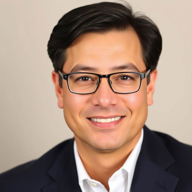 A professional headshot suitable for a resume, featuring a middle-aged man with dark hair and glasses, wearing a navy blue suit and a white shirt