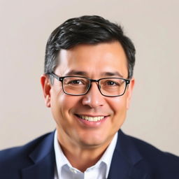 A professional headshot suitable for a resume, featuring a middle-aged man with dark hair and glasses, wearing a navy blue suit and a white shirt