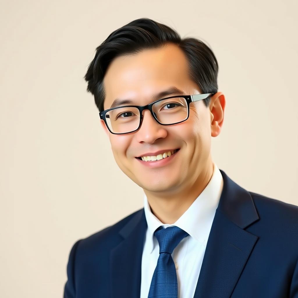 A professional headshot suitable for a resume, featuring a middle-aged man with dark hair and glasses, wearing a navy blue suit and a white shirt