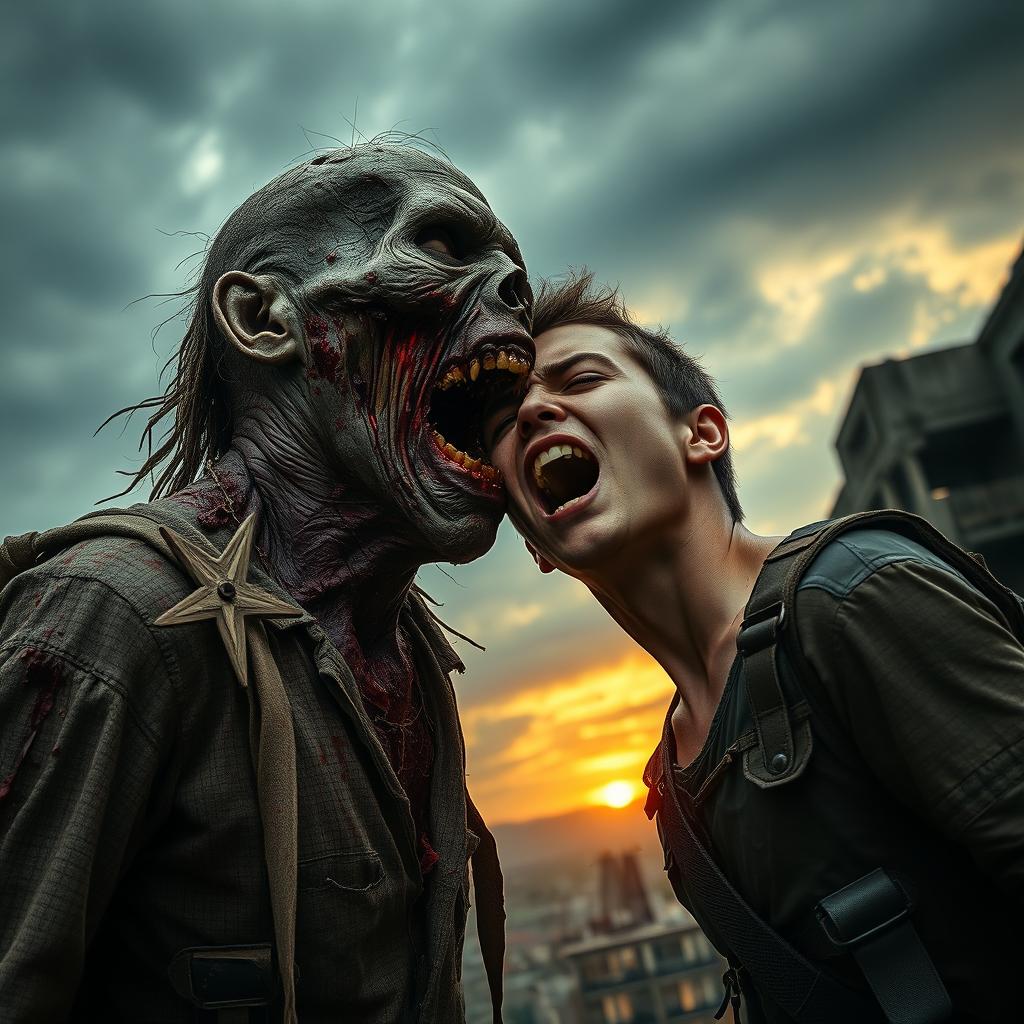 A dramatic and intense scene featuring a zombie biting into the neck of a terrified survivor in a post-apocalyptic urban setting