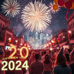 A vibrant New Year's celebration scene featuring a large, colorful fireworks display lighting up the night sky over a city skyline