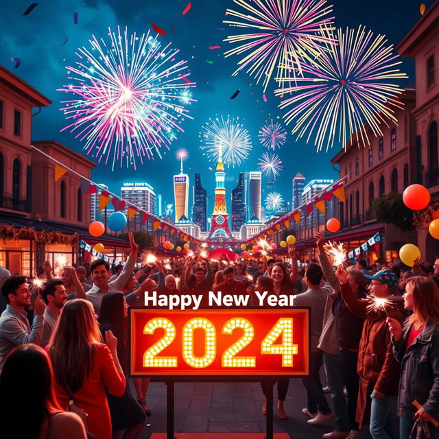 A vibrant New Year's celebration scene featuring a large, colorful fireworks display lighting up the night sky over a city skyline