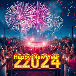 A vibrant New Year's celebration scene featuring a large, colorful fireworks display lighting up the night sky over a city skyline