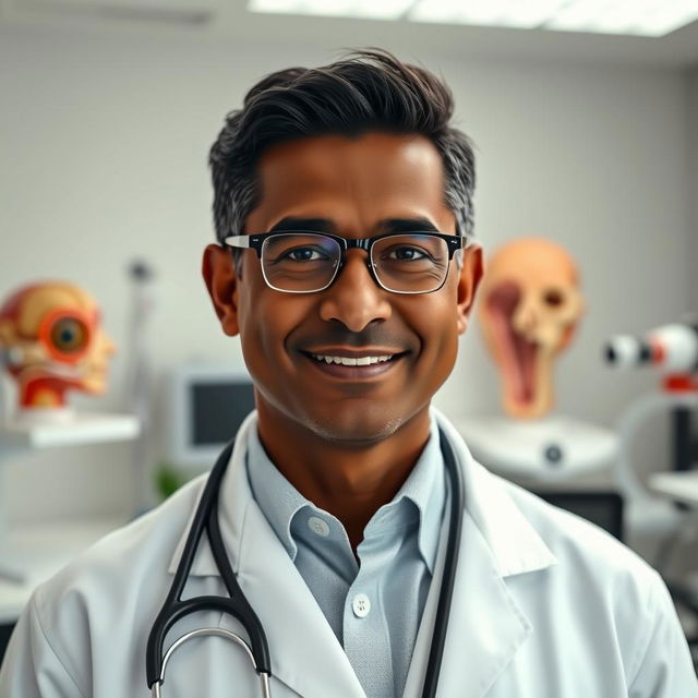 A portrait of a Venezuelan ophthalmologist with dark skin, wearing a white coat, glasses, and a stethoscope