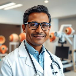 A portrait of a Venezuelan ophthalmologist with dark skin, wearing a white coat, glasses, and a stethoscope