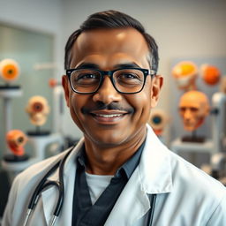 A portrait of a Venezuelan ophthalmologist with dark skin, wearing a white coat, glasses, and a stethoscope