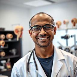 A portrait of a Venezuelan ophthalmologist with dark skin, wearing a white coat, glasses, and a stethoscope