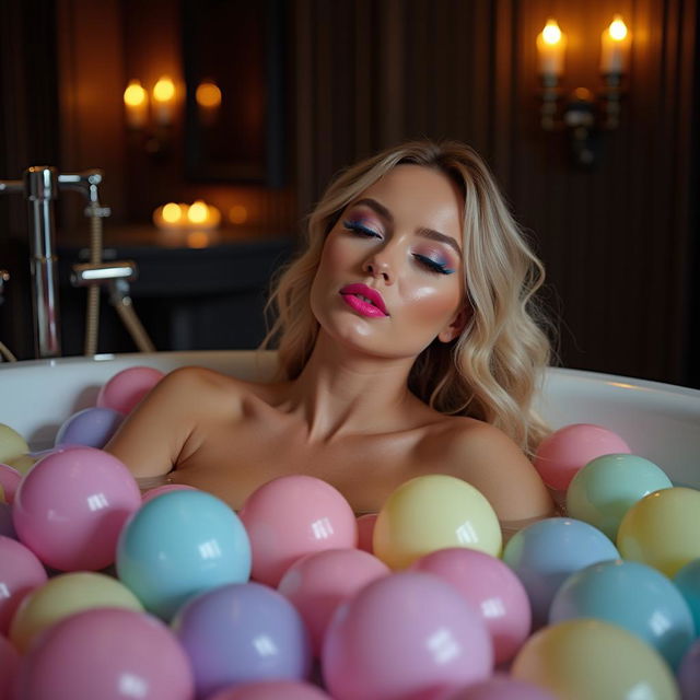 A beautiful and sensuous 18-year-old woman with full, curvy features and long blonde hair, lying nude in a very large luxurious bathtub filled with shiny, soft, multi-colored water balloons that gently cover her body