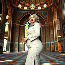 A voluptuous woman wearing a hijab, beautifully styled, elegantly posing inside a stunning mosque