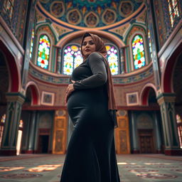 A voluptuous woman wearing a hijab, beautifully styled, elegantly posing inside a stunning mosque
