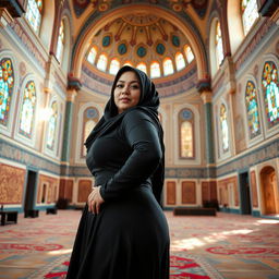 A voluptuous woman wearing a hijab, beautifully styled, elegantly posing inside a stunning mosque