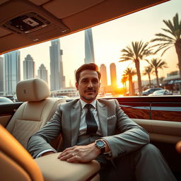 A sophisticated lawyer in Dubai sitting inside a luxurious 2024 Rolls Royce Ghost, showcasing an opulent interior with plush leather seats and intricate wood detailing
