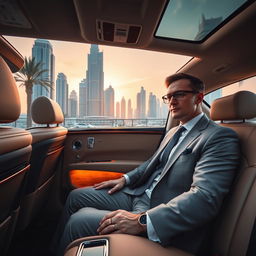 A sophisticated lawyer in Dubai sitting inside a luxurious 2024 Rolls Royce Ghost, showcasing an opulent interior with plush leather seats and intricate wood detailing