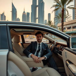 A sophisticated lawyer in Dubai sitting inside a luxurious 2024 Rolls Royce Ghost, showcasing an opulent interior with plush leather seats and intricate wood detailing