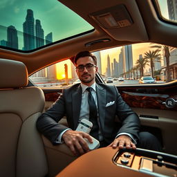 A sophisticated lawyer in Dubai sitting inside a luxurious 2024 Rolls Royce Ghost, showcasing an opulent interior with plush leather seats and intricate wood detailing
